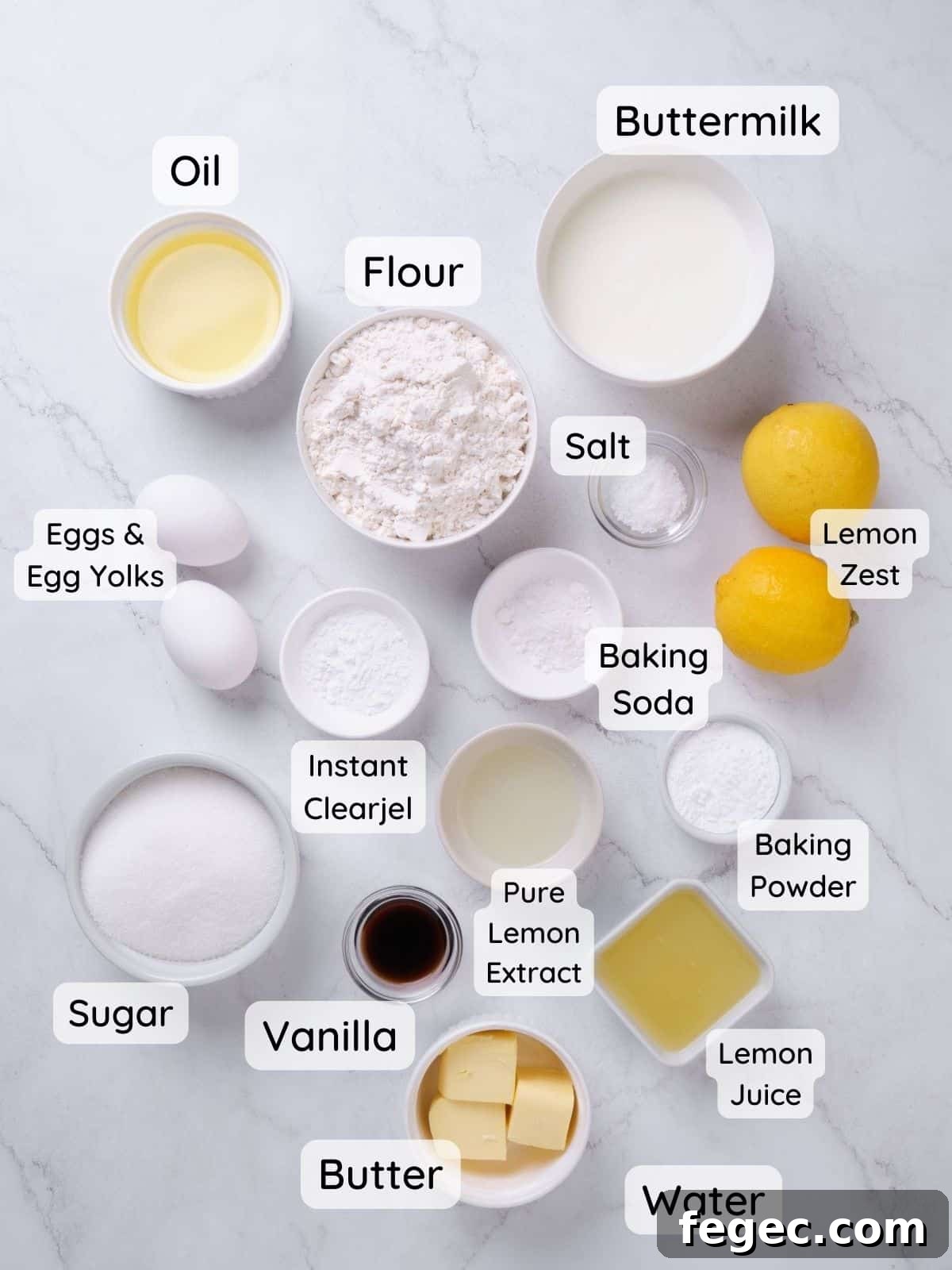 An overhead shot of the cake and lemon filling ingredients.