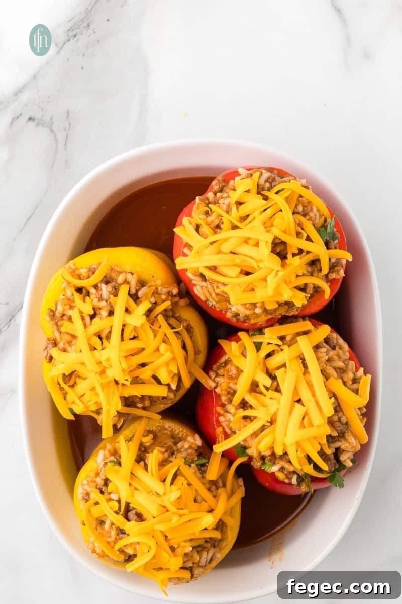 Four stuffed bell pepper halves are arranged in a white oval baking dish, covered with shredded cheddar cheese, and have a layer of dark sauce poured into the dish.