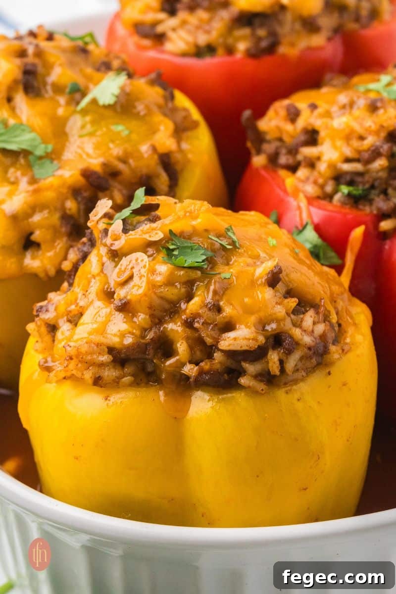 A close-up, angled shot of a baked yellow taco stuffed pepper in a baking dish. The pepper is topped with melted cheddar cheese and a sprinkle of cilantro.