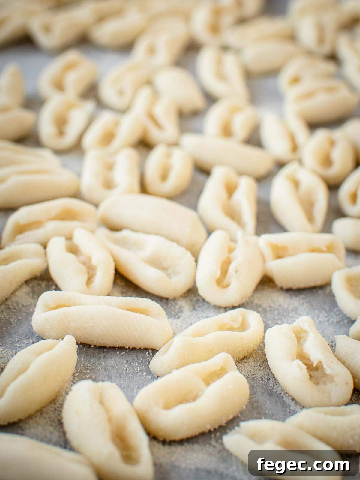 Close up of Homemade Cavatelli pasta on parchment paper.