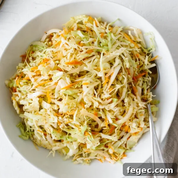 Vinegar coleslaw in a white bowl.