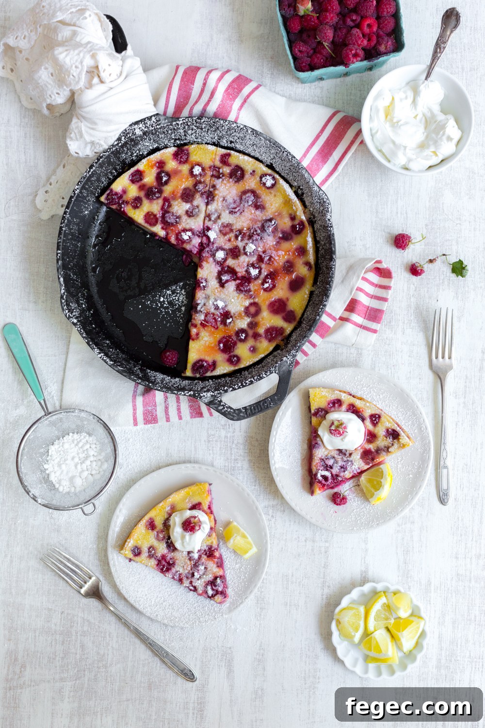 If you let the Raspberry Buttermilk Clafoutis the sugar will start to soak in and make a deliciously sweet and tangy syrup. Top with a sprinkle of powdered sugar and a dollop of rich crème fraîche.