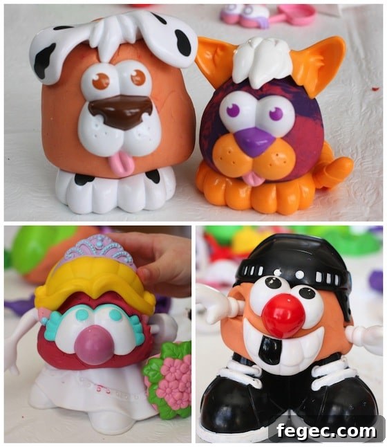 Dog and cat, princess and hockey player all made during homemade play dough/potato head session.