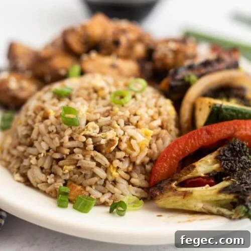 Brown rice, roasted broccoli and tomatoes on a plate.