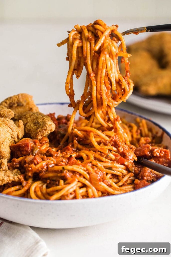 soul food spaghetti hanging from a fork