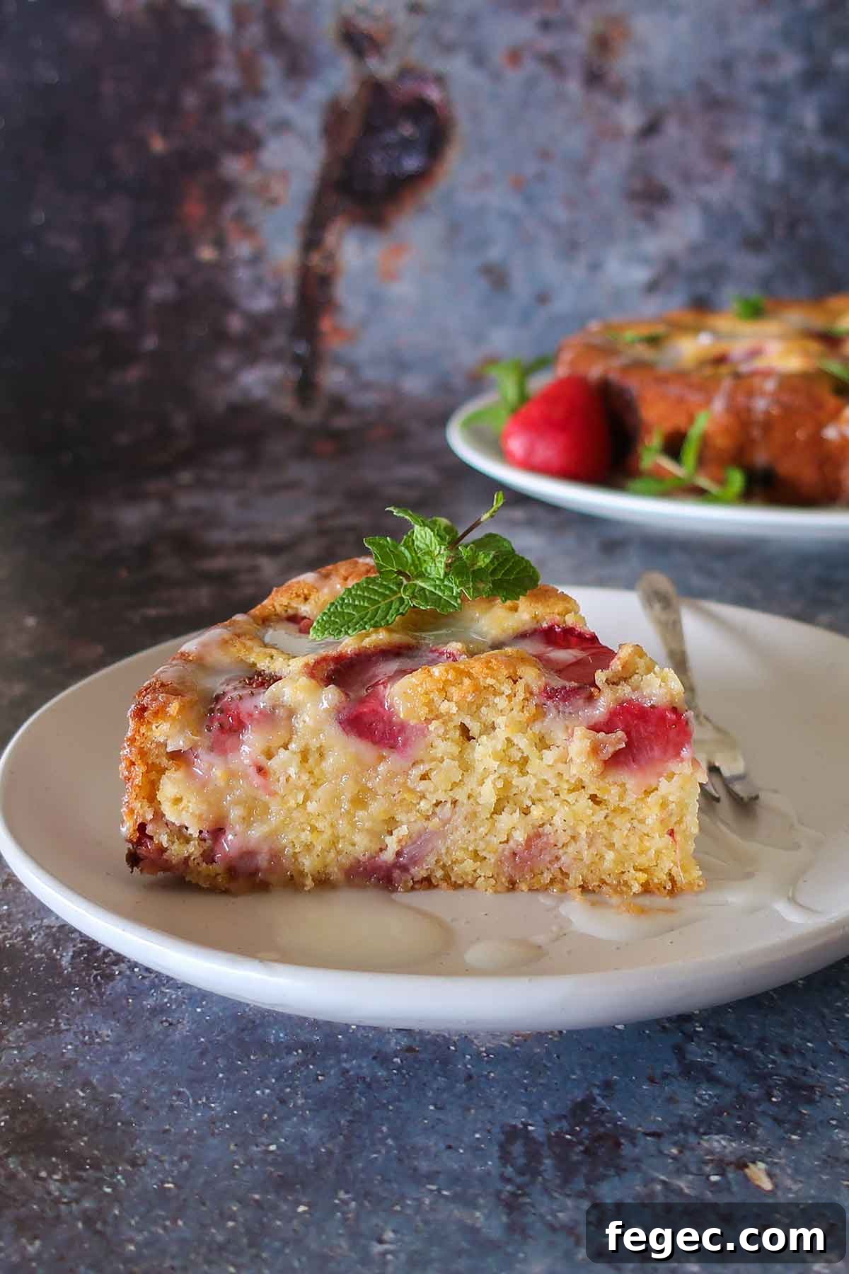 slice of strawberry buttermilk cake on a plate