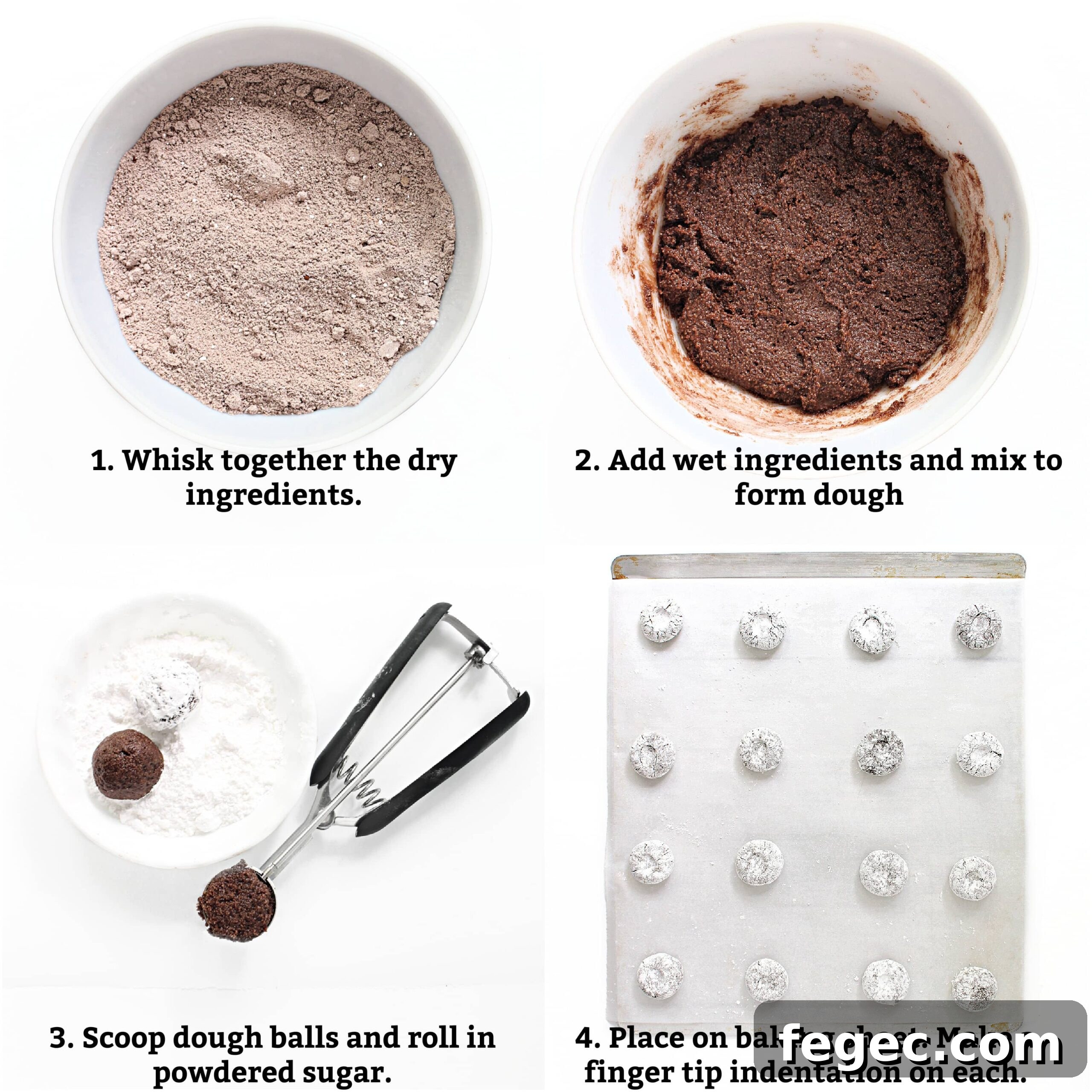 Instructions: combine dry ingredients, add wet ingredients, scoop balls, roll in powdered sugar, dent each, bake.