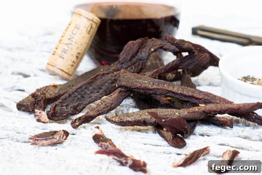 Corkscrew deer jerky with cork and wine close up