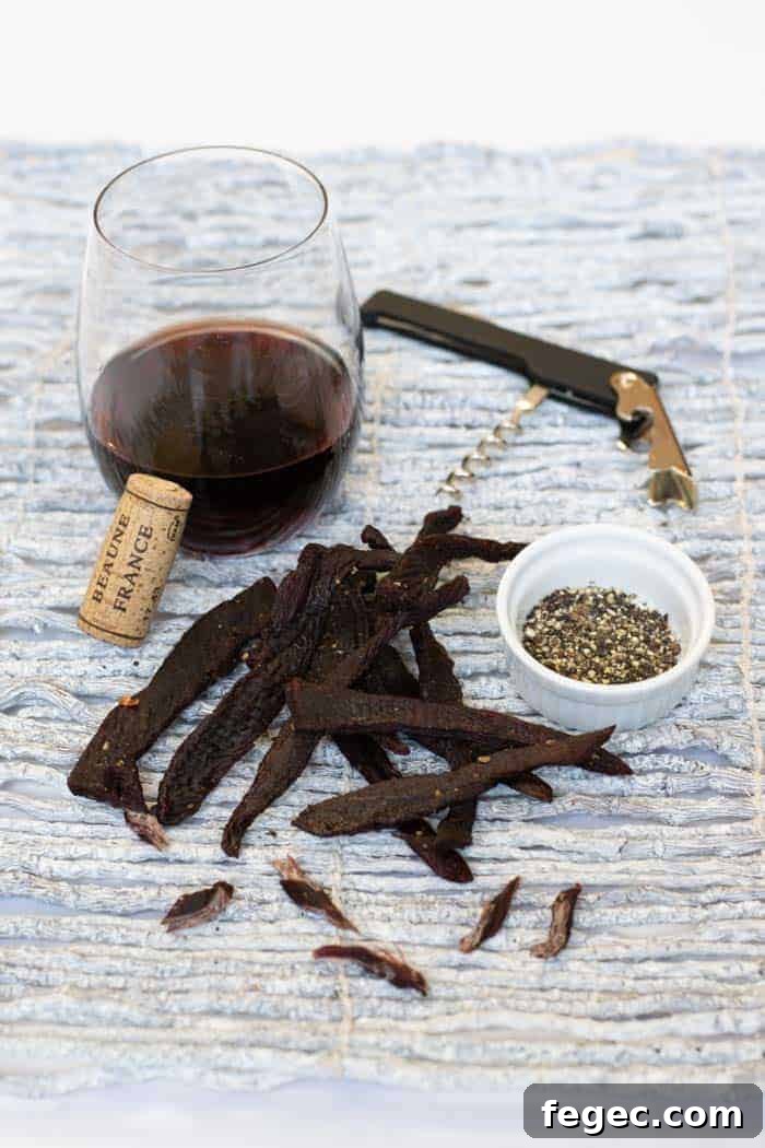 Corkscrew deer jerky finished with wine, corkscrew, salt, and pepper