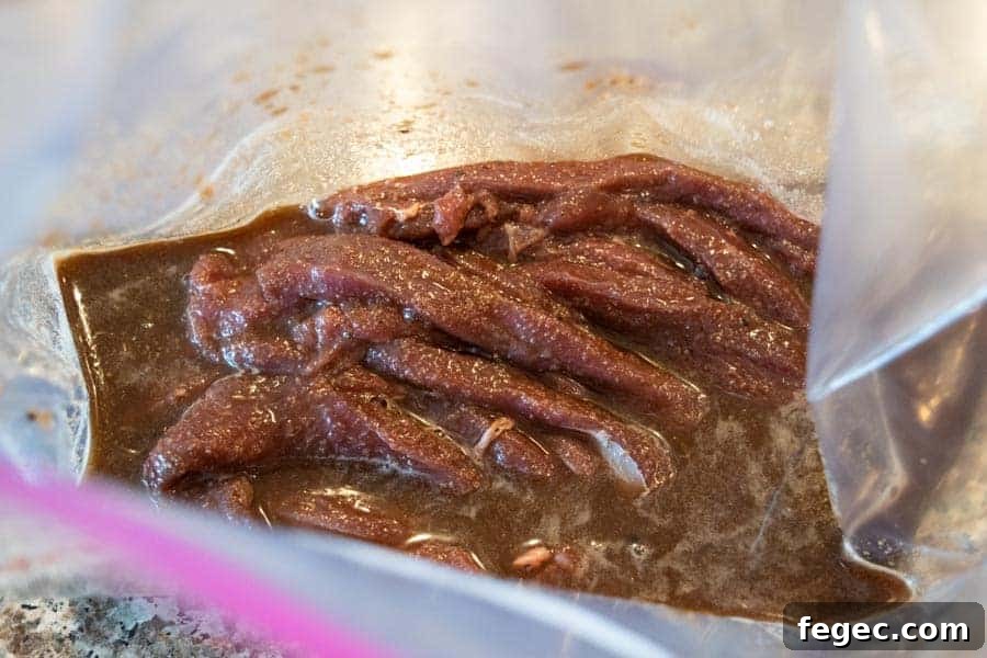 Deer jerky strips marinating in plastic bags