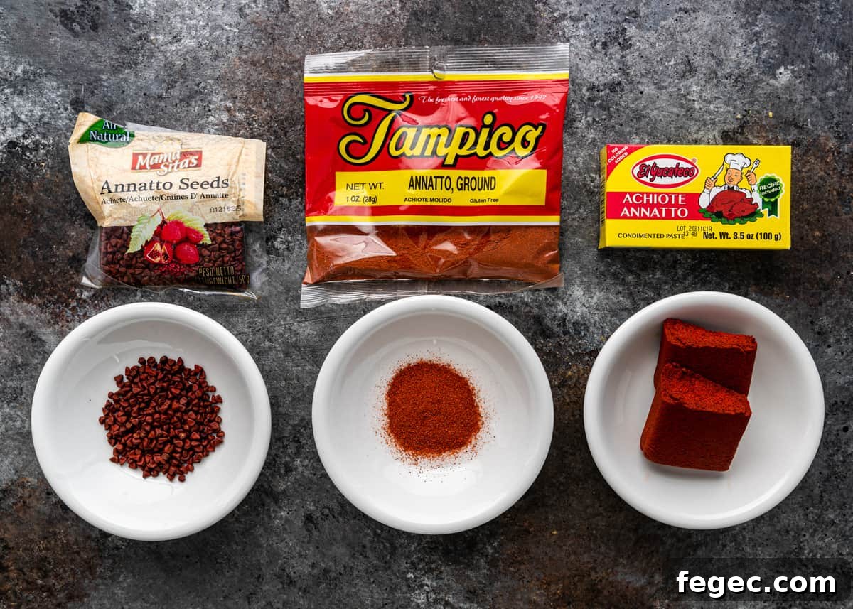 annatto seeds, ground annatto and achiote paste in white bowls