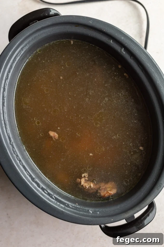 Slow cooker full of bone broth ingredients