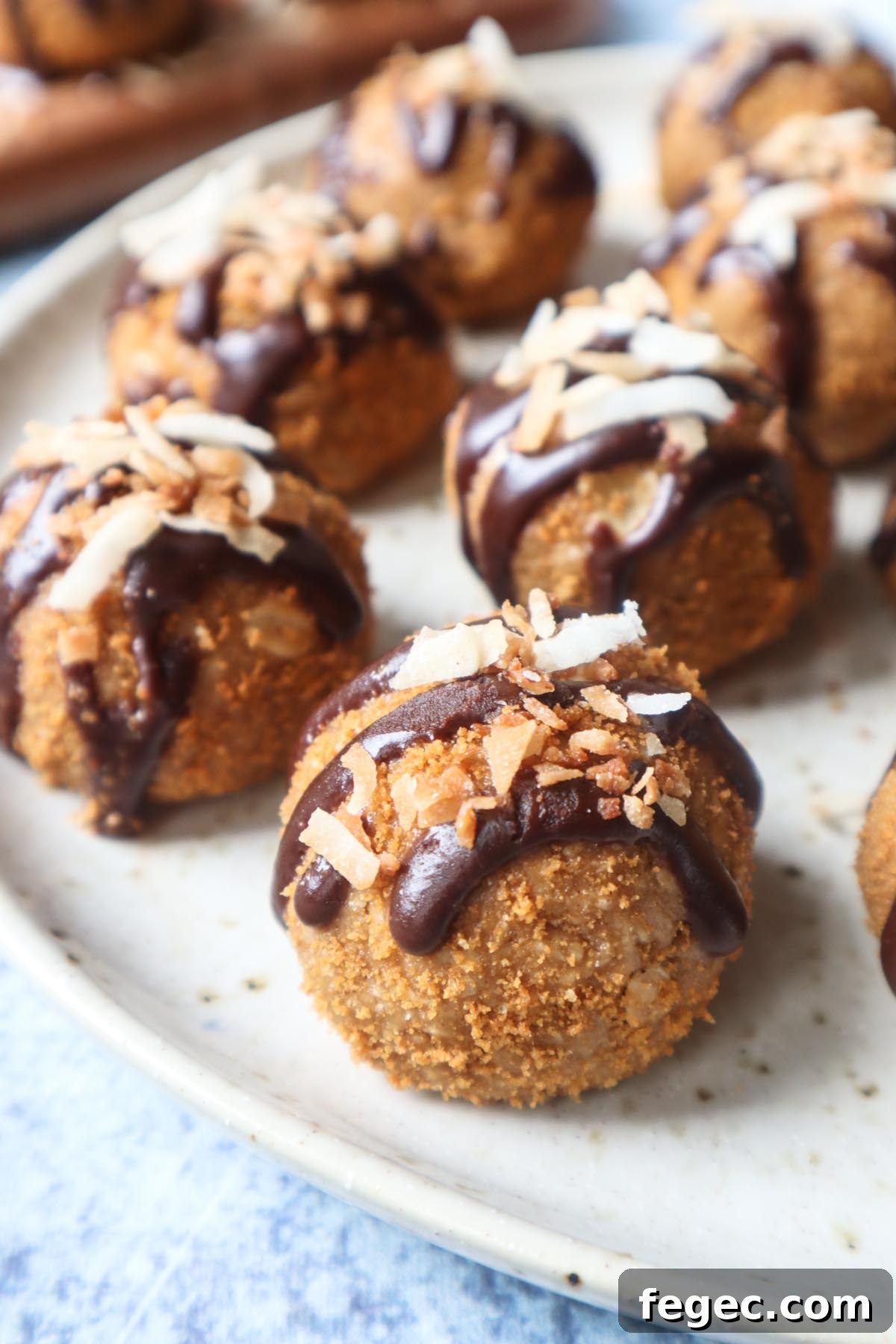 white plate with various biscoff balls topped rolled in crushed biscoff cookies and topped with chocolate drizzle and toasted coconut