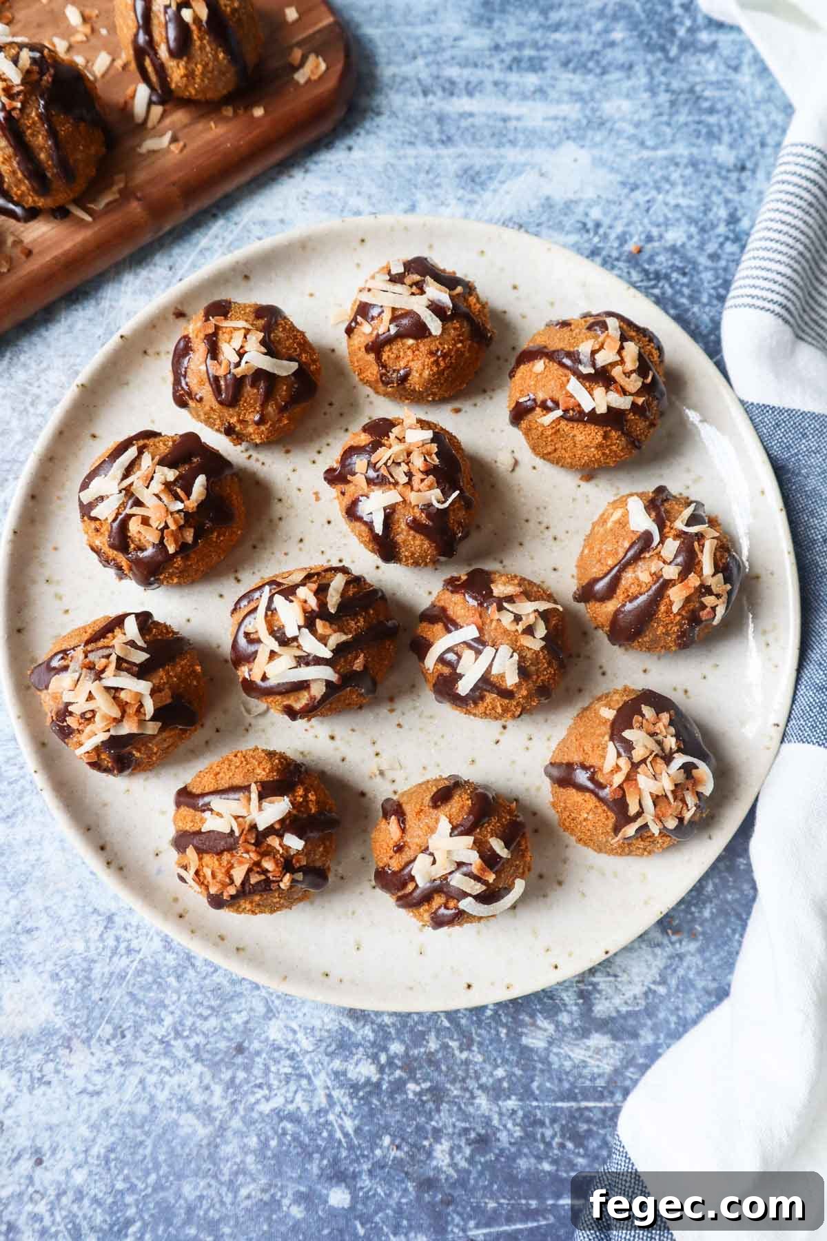 white plate with various biscoff balls topped rolled in crushed biscoff cookies and topped with chocolate drizzle and toasted coconut