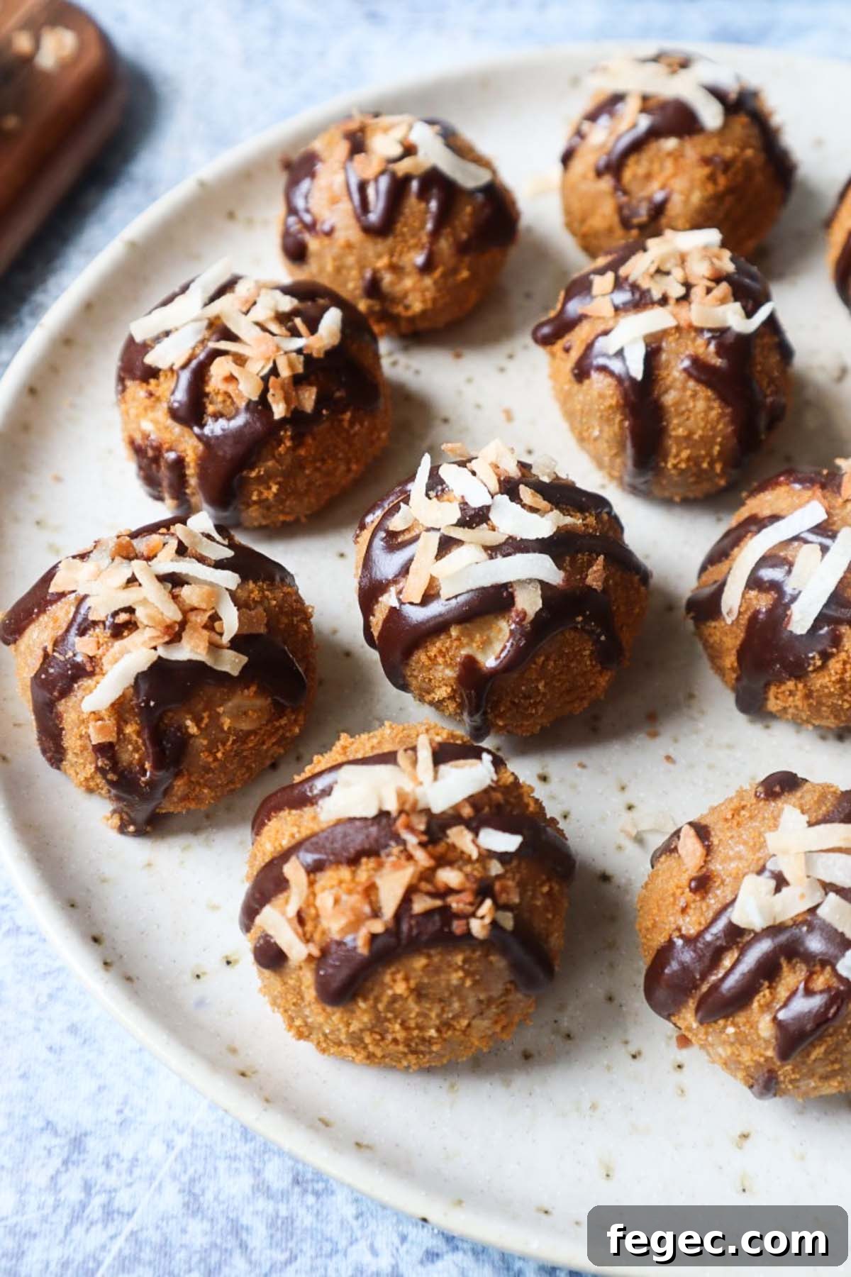 white plate with various biscoff balls topped rolled in crushed biscoff cookies and topped with chocolate drizzle and toasted coconut