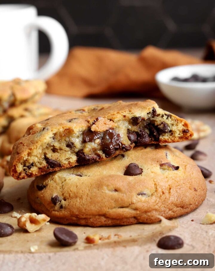 giant chocolate chip cookies stacked with bite showing gooey center