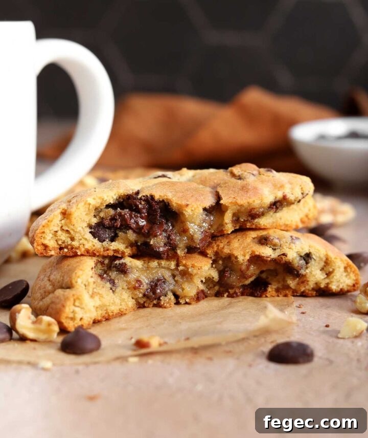 giant chocolate chip cookie broken in half on parchment next to coffee mug