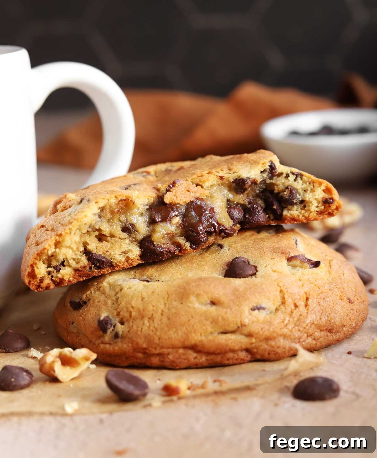 giant chocolate chip cookie broken in half on parchment next to coffee mug