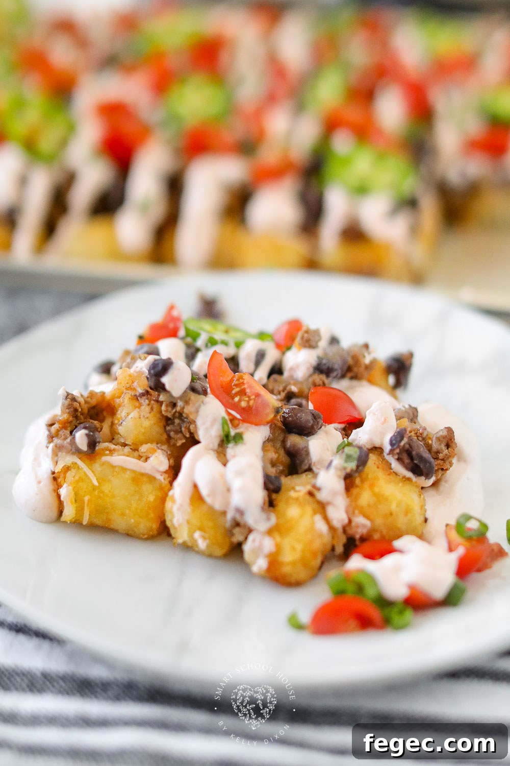 Creamy cheesy Tatchos recipe! Tater tot nachos are layered meat, cheese, and a delicious creamy drizzle!