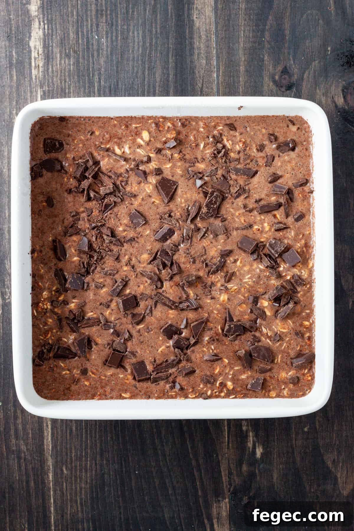 Chocolate baked oatmeal in a 8-inch square pan.