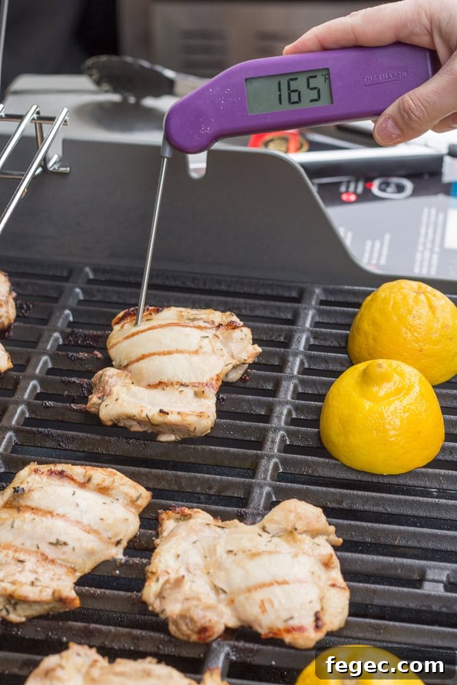 measuring internal temperature of grilled chicken