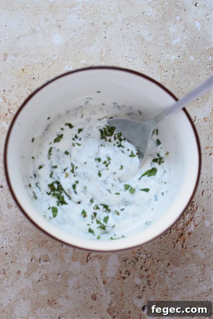 Minted yogurt dip in a bowl.