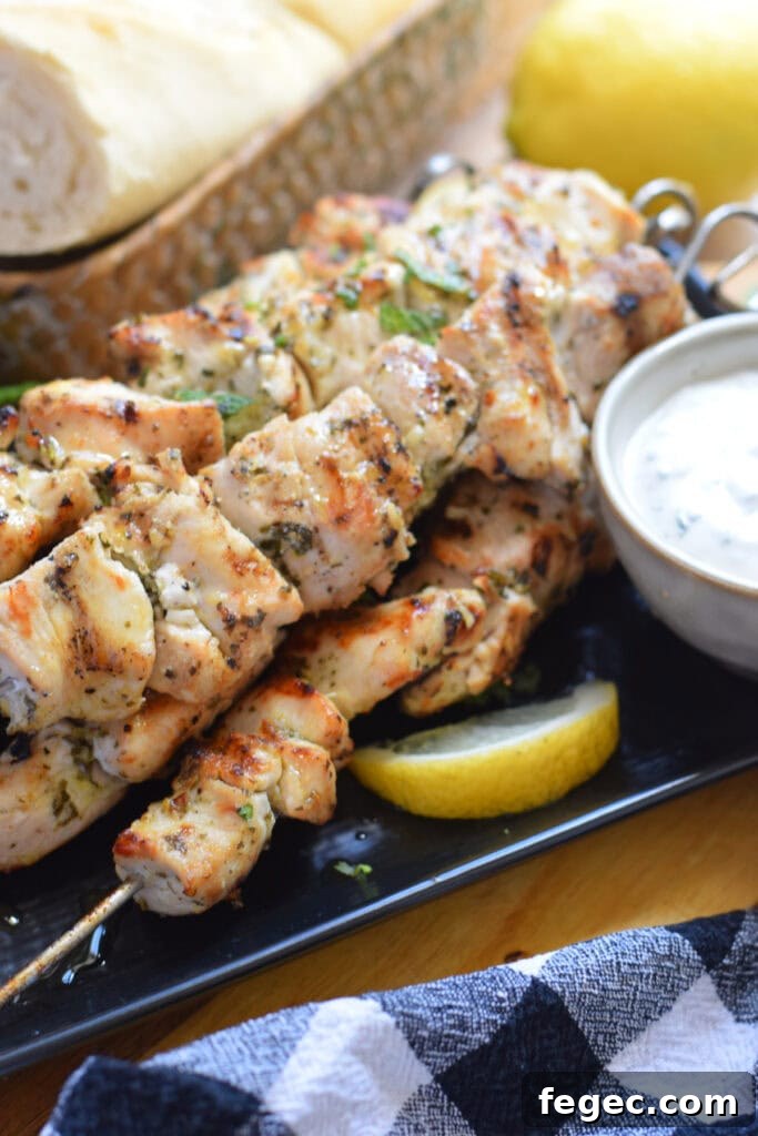 Close up of chicken skewers.