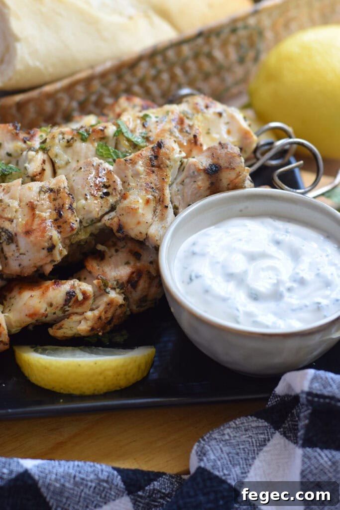 Chicken skewers with a minted dip.