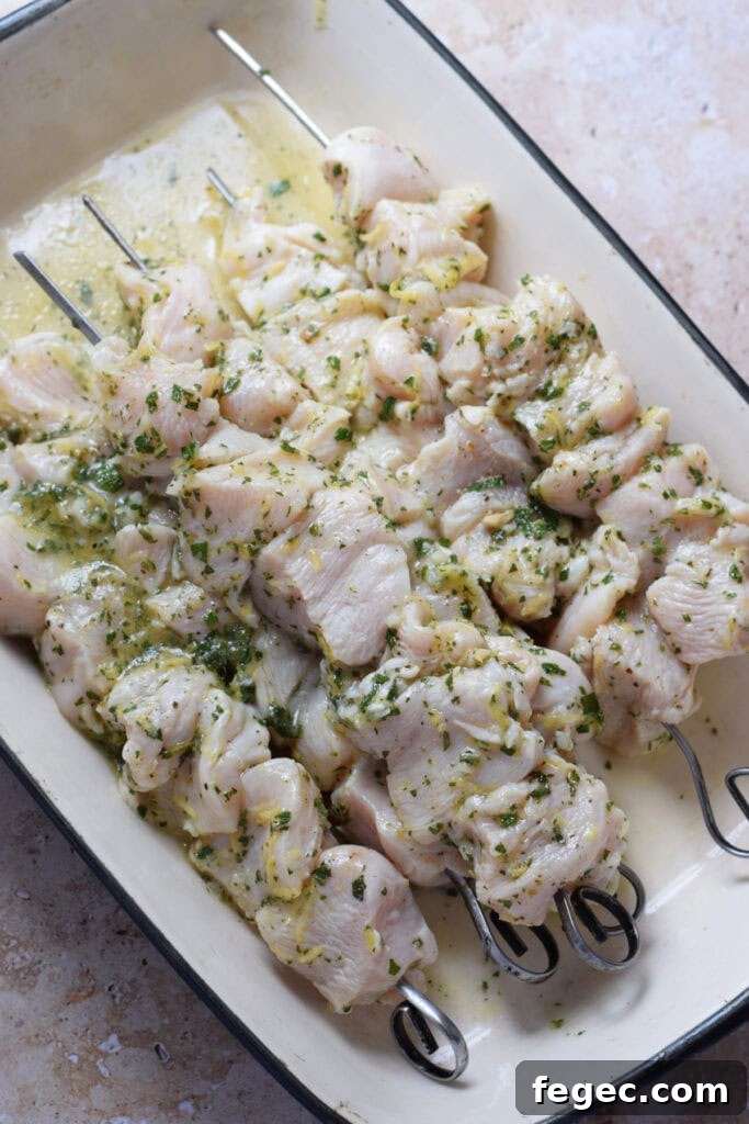 Chicken on a skewers ready to cook.