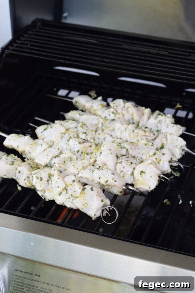 Cooking chicken kebabs on a barbecue.