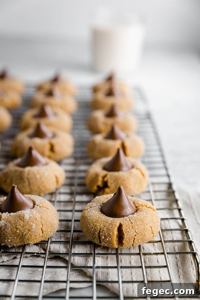 rows of peanut butter blossoms with a chocolate kiss on top on a cooling rack with a glass of milk. 