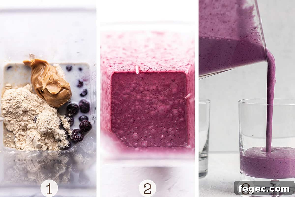 Three images showing how to make a blueberry smoothie.
