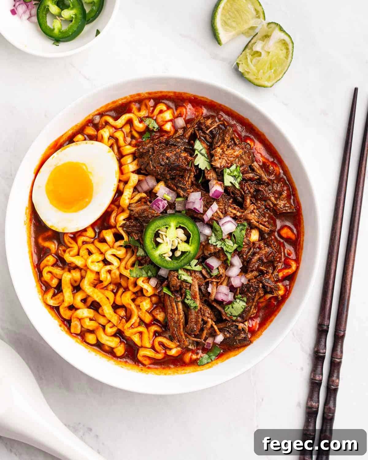 Bowl of birria ramen with soft boiled egg and garnishes.