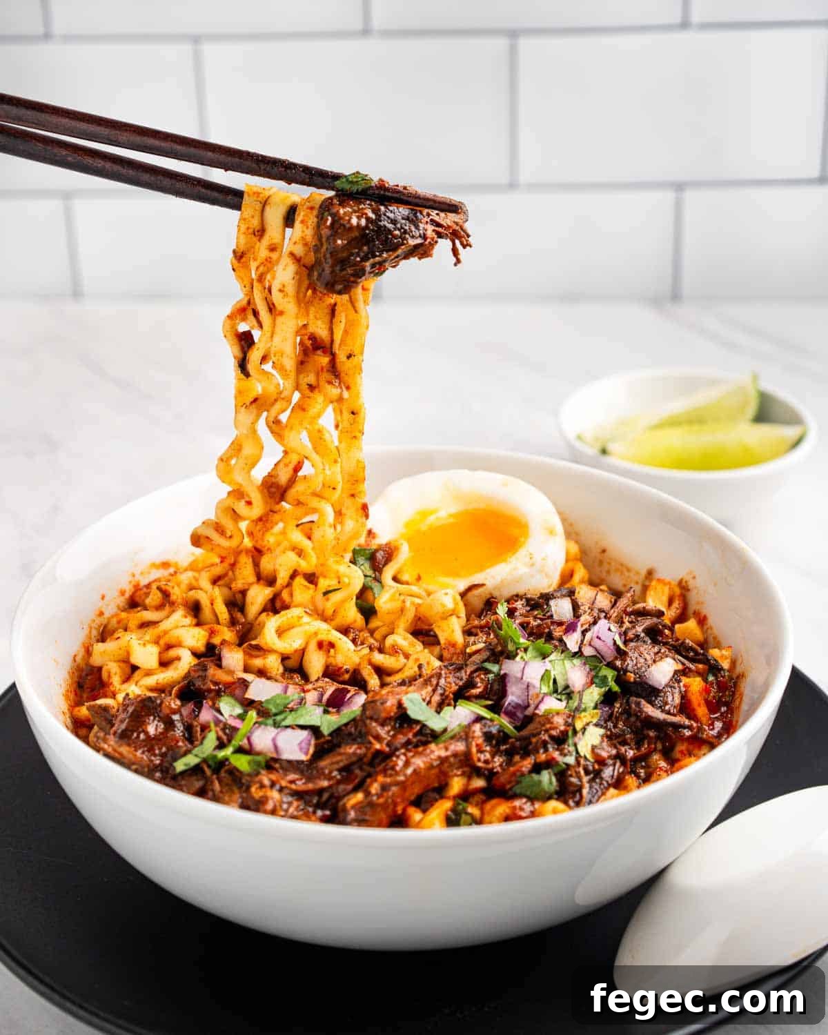 Chopsticks holding up a bite of ramen noodles and beef birria.