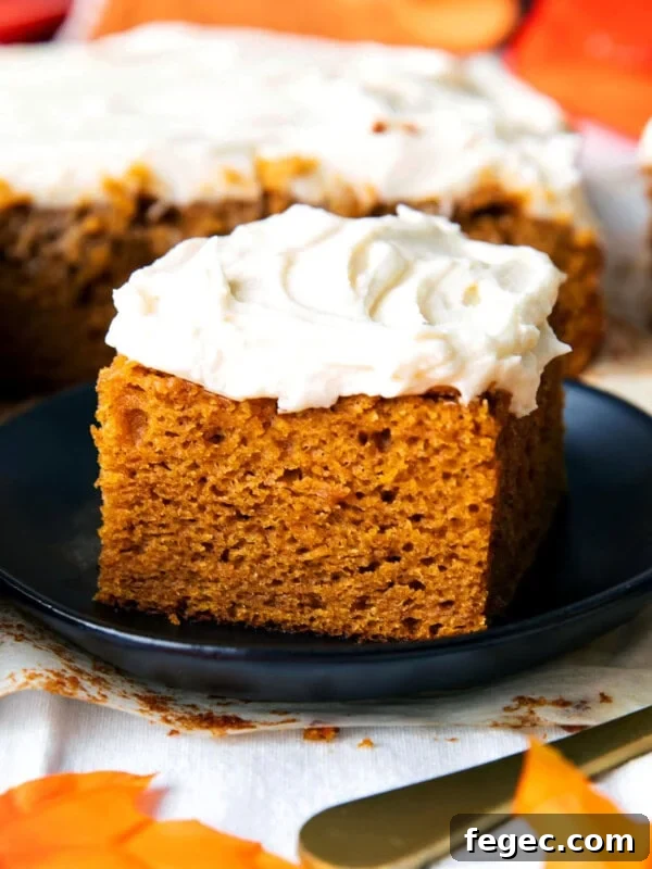 Close up of a slice of this pumpkin spice cake with cream cheese frosting to show soft and moist crumb with rich frosting