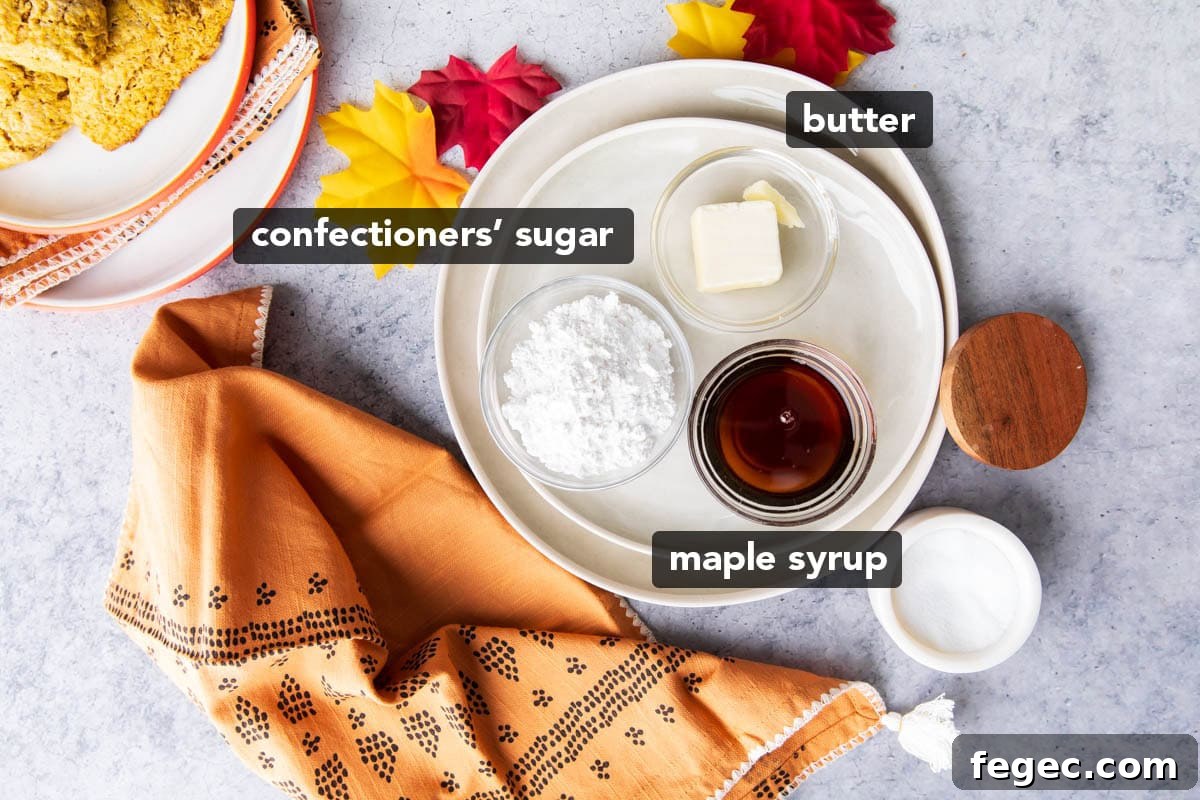 Maple Glaze Ingredients in prep bowls including confectioners’ sugar, maple syrup, butter, and salt.