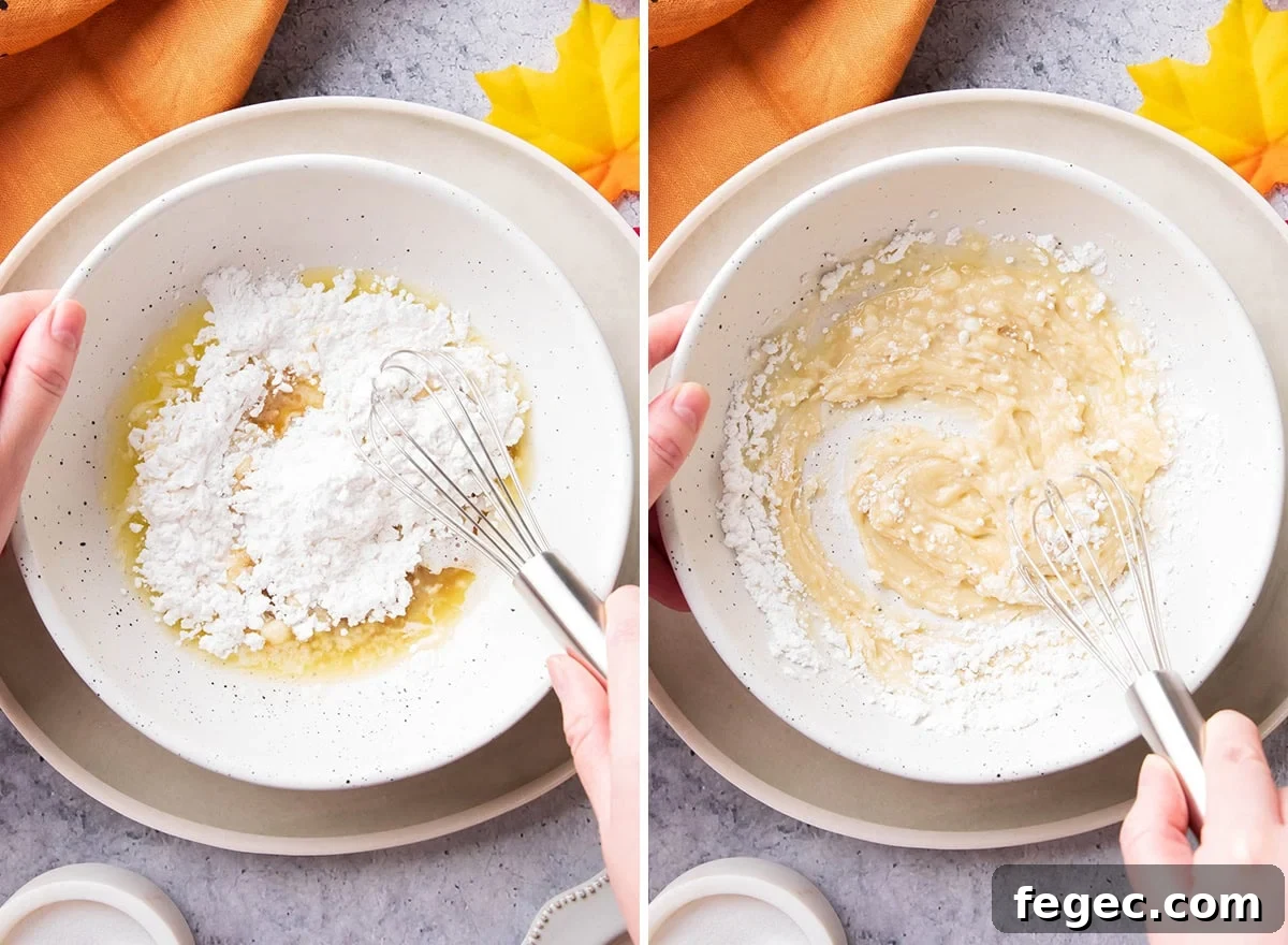 Two photos showing How to Make Maple Glaze - whisking ingredients together until sugar dissolves