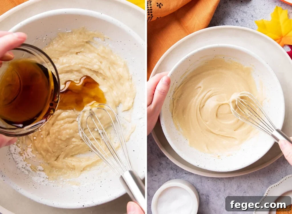 Two photos showing How to Make Maple Glaze - adding maple syrup and whisking to. make glaze