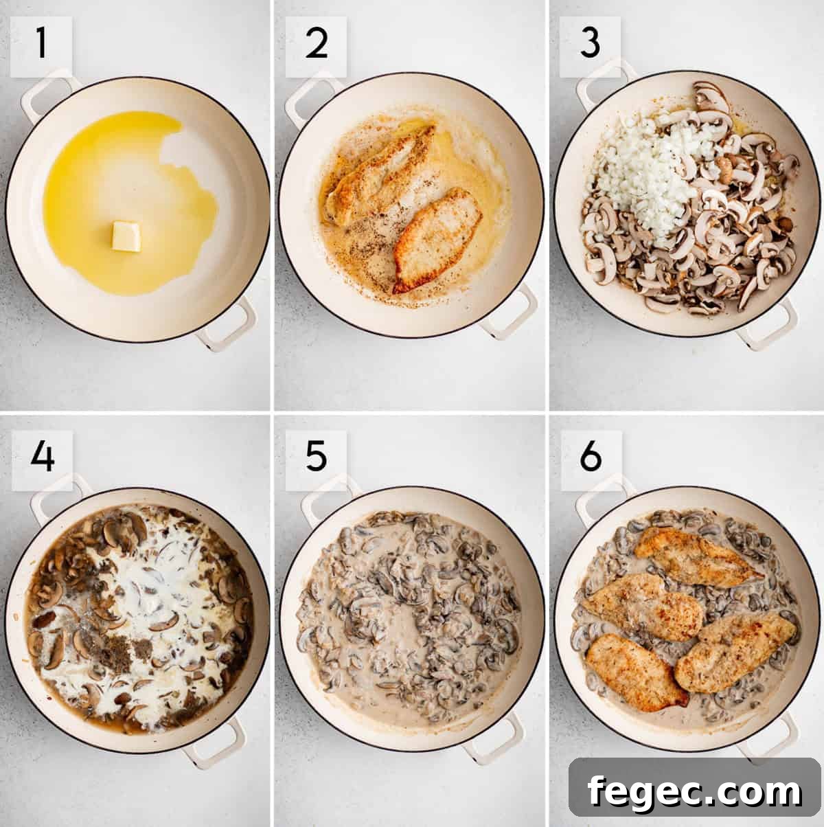 six panel collage image showing the process of making chicken marsala