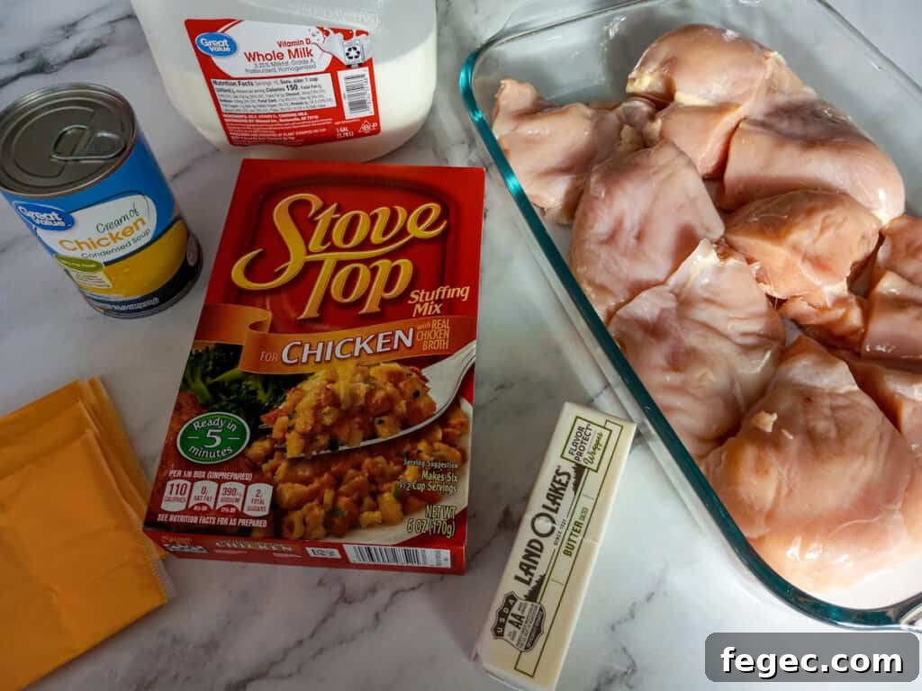 Ingredients: chicken breast, cream of chicken soup, milk, butter, cheese, and stuffing
