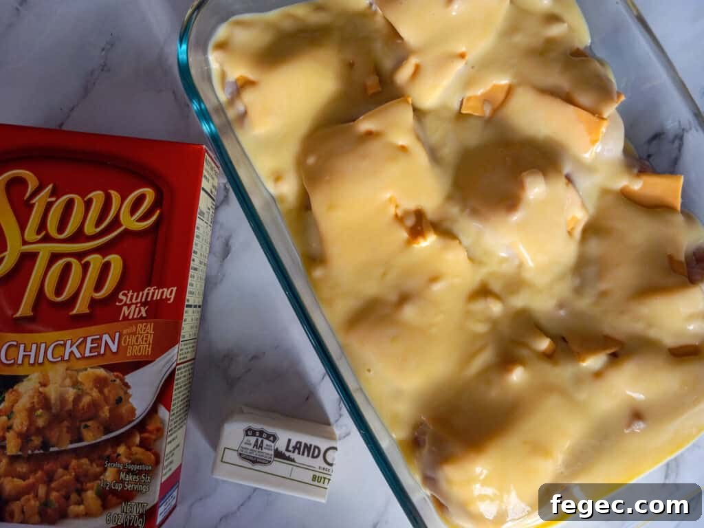 chicken breasts in pan topped with cheese and cream soup, and a box of stovetop stuffing and butter