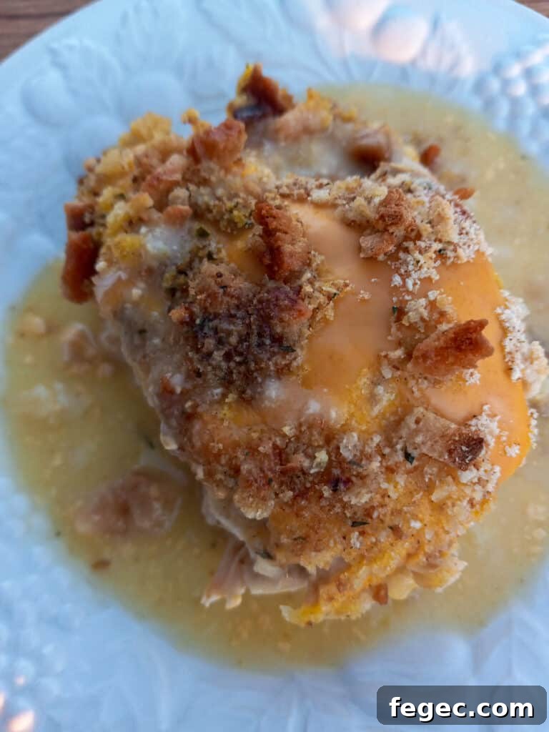 a piece of baked Amish chicken breast with creamy sauce and stuffing on a plate.