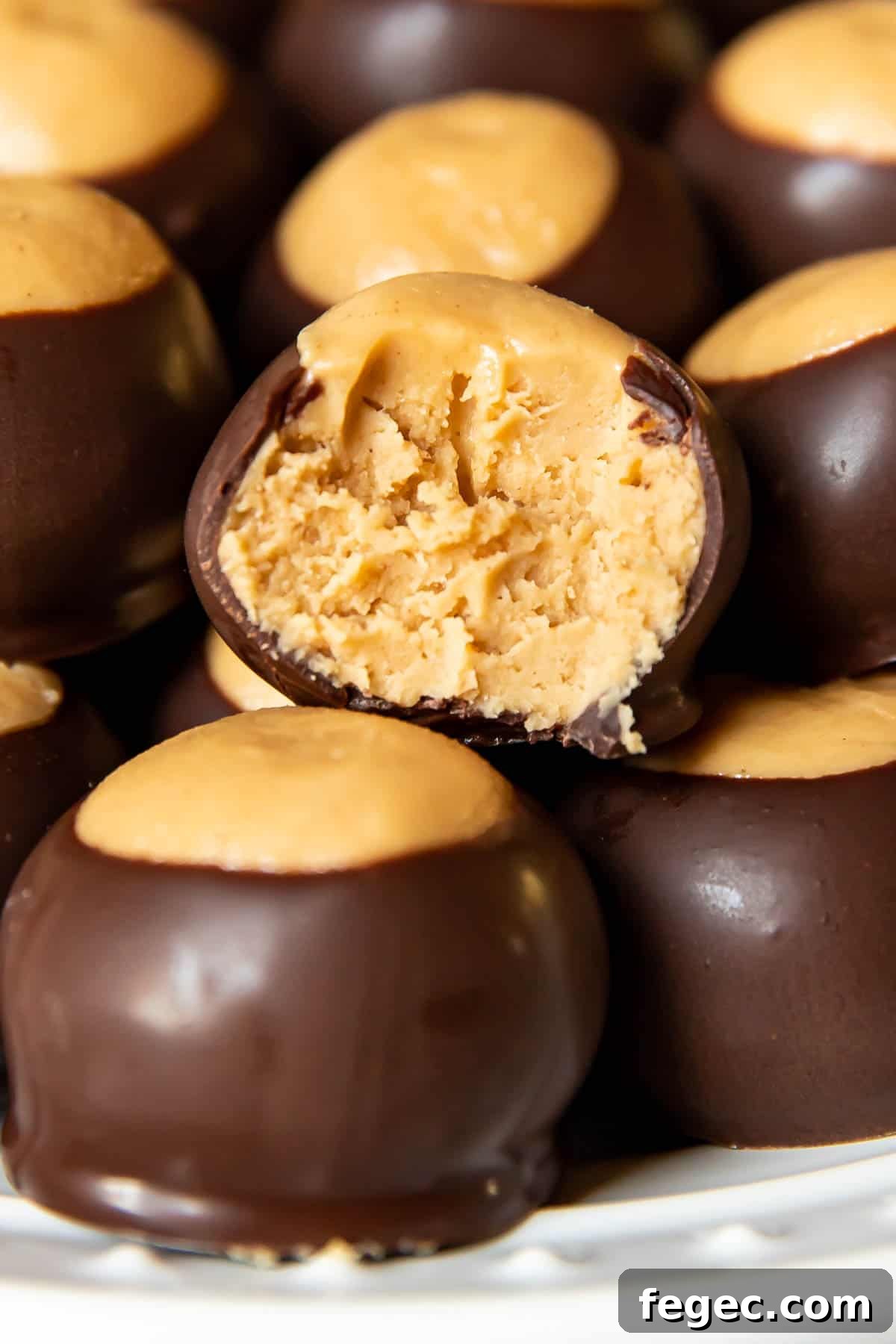 buckeye balls on a plate with a bite taken out of one.